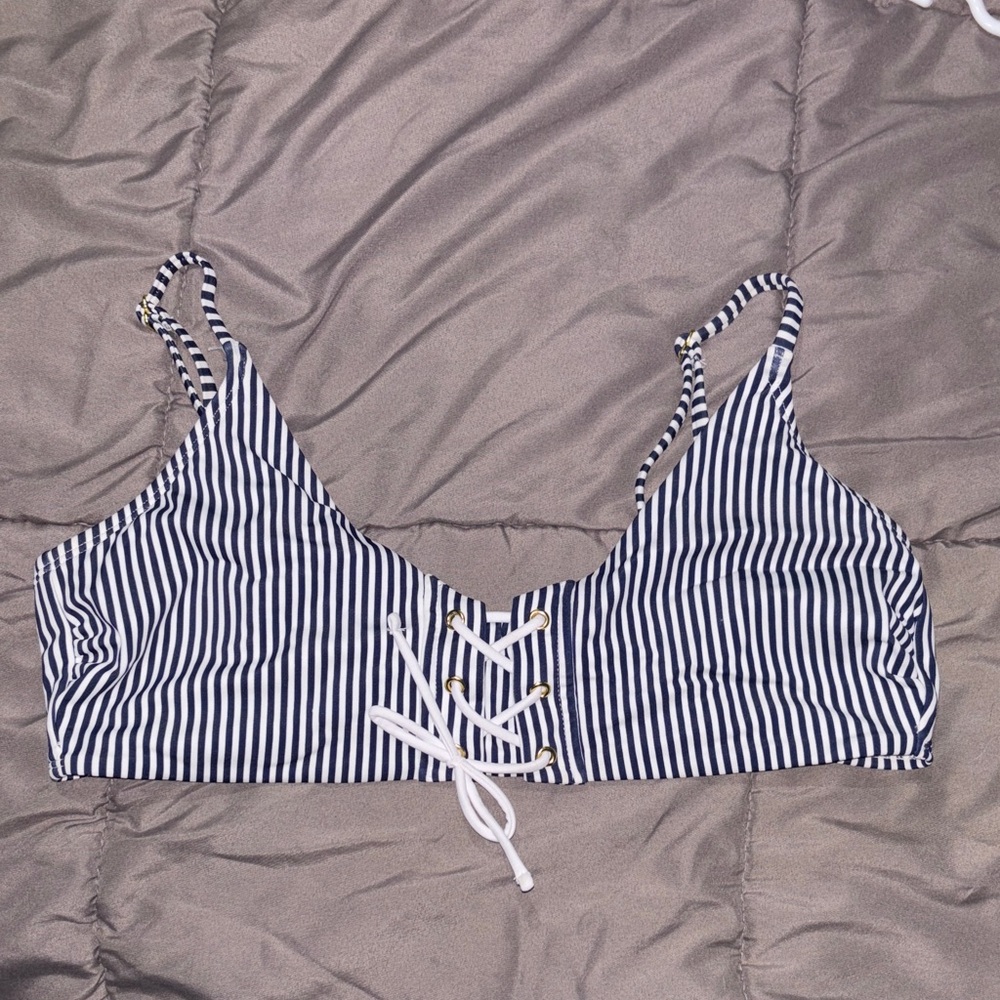 Xhilaration Navy and White Striped Lace-Up Bikini Top